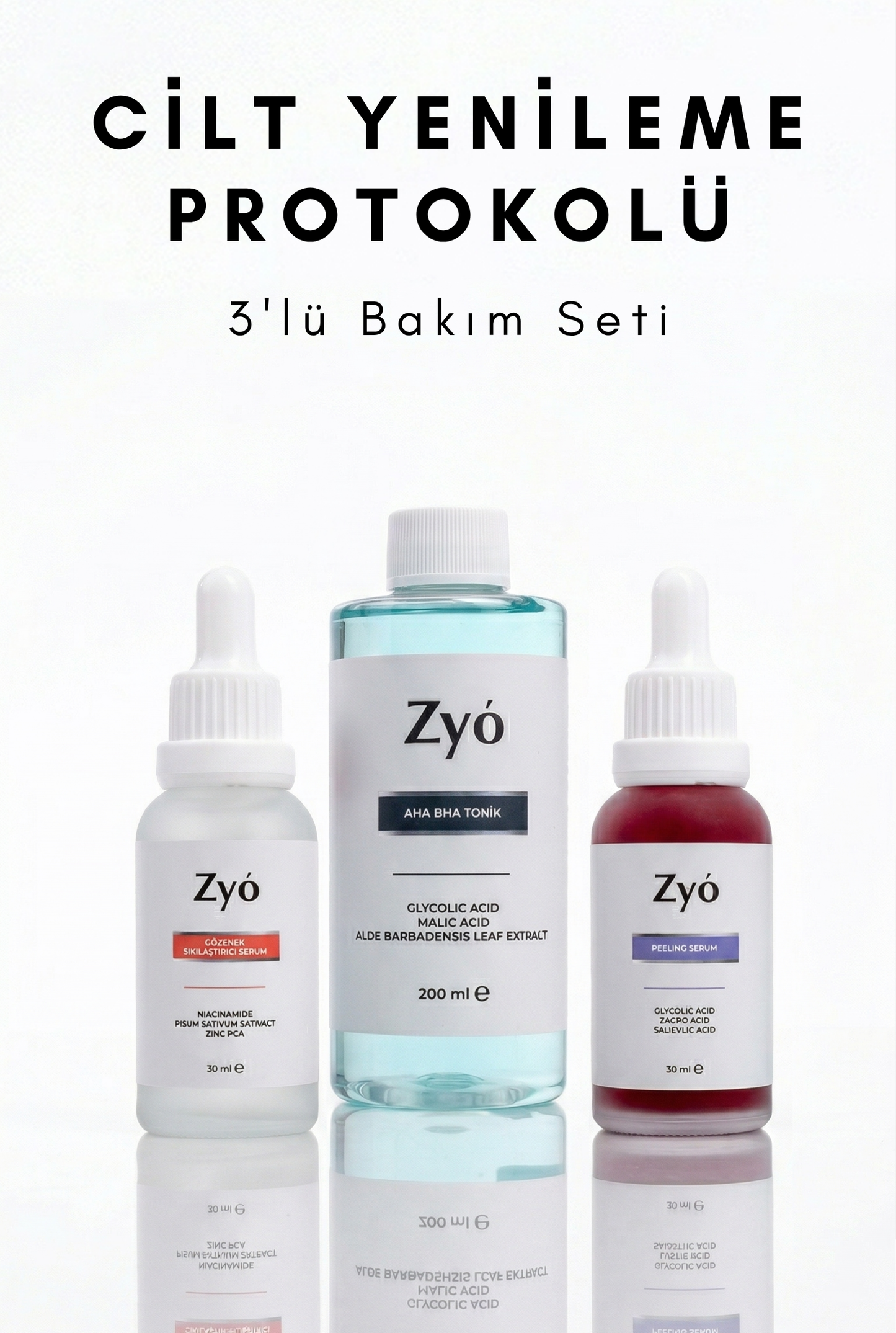 Zyo Pürüzsüz Cilt Yenileyici Gözenek Temizleyici Sıkılaştırıcı 3’lü Bakım Seti Peeling , Tonik ve Serum