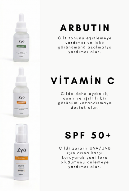 Zyo IŞILTILI CİLT BAKIM SETİ - C VİTAMİNİ - GÜNEŞ KREMİ - ARBUTİN