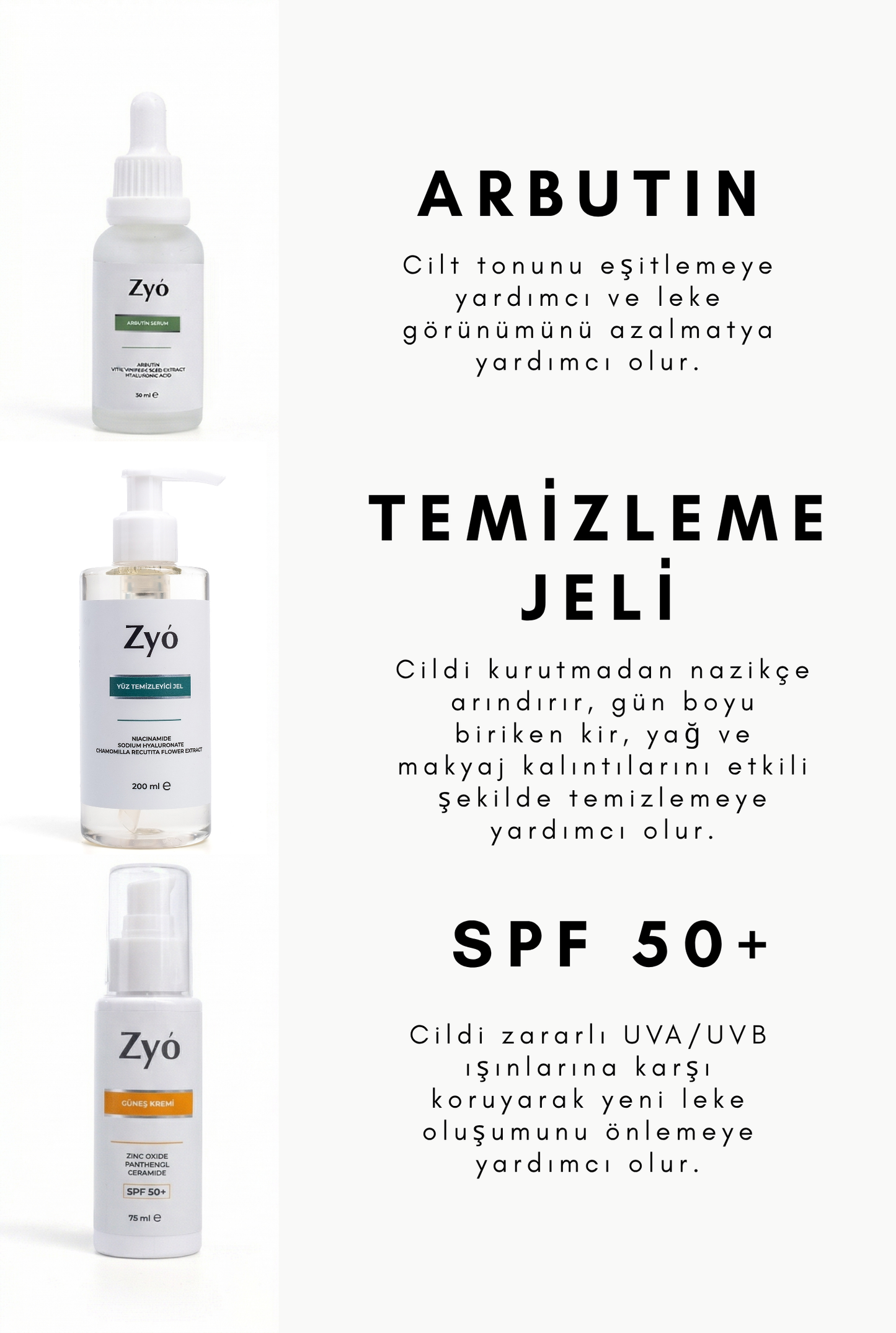 Zyo Leke Karşıtı 3'lü Bakım Seti Yıkama Jeli - Arbutin Serum - Güneş Kremi