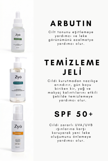 Zyo Leke Karşıtı 3'lü Bakım Seti Yıkama Jeli - Arbutin Serum - Güneş Kremi
