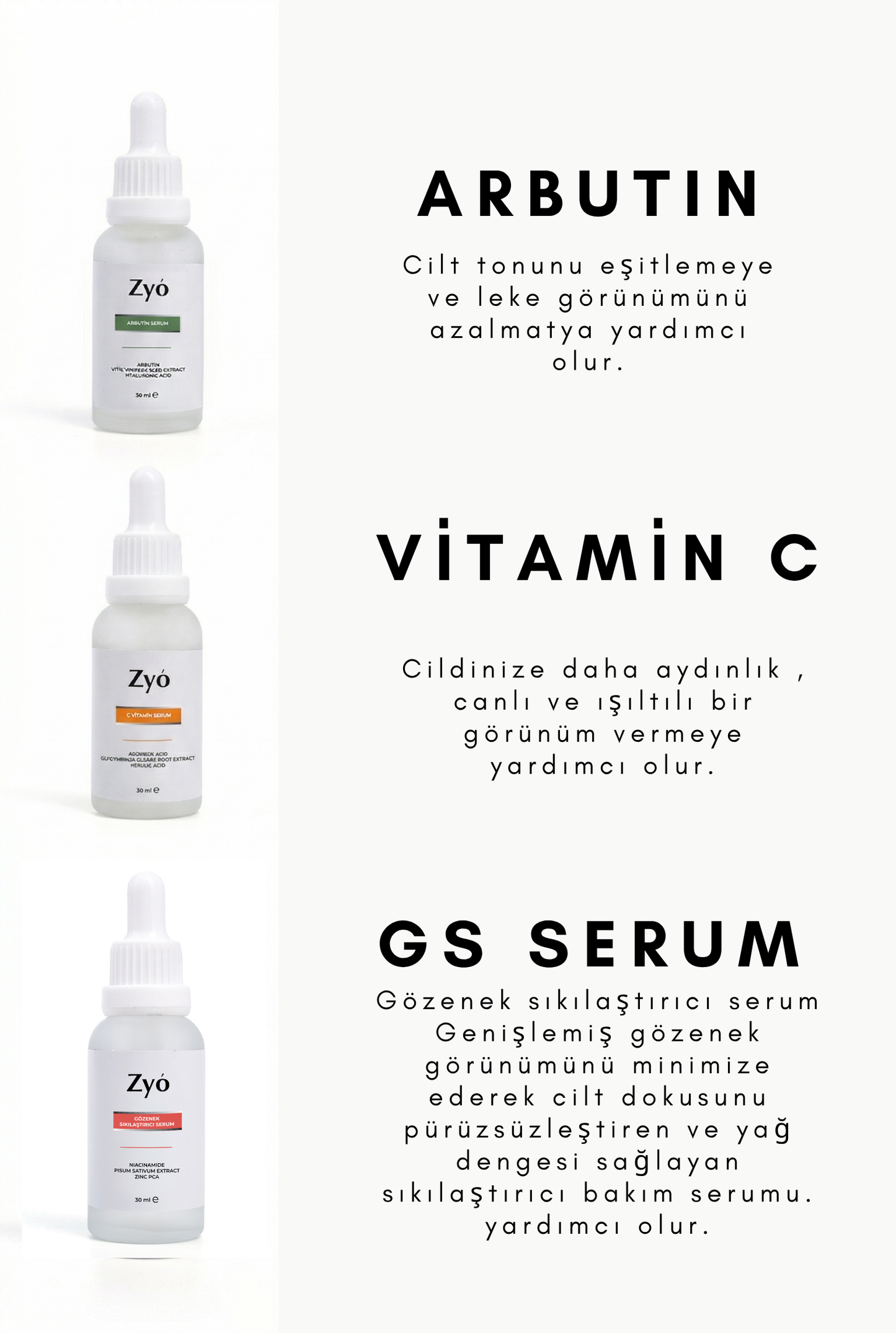 Zyo Pürüzsüz ve Aydınlık Cam Cilt Etkili Cilt Seti Gözenek Sıkılaştırıcı, Arbutin ve C Vitamini 3'lü Set