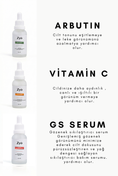Zyo Pürüzsüz ve Aydınlık Cam Cilt Etkili Cilt Seti Gözenek Sıkılaştırıcı, Arbutin ve C Vitamini 3'lü Set