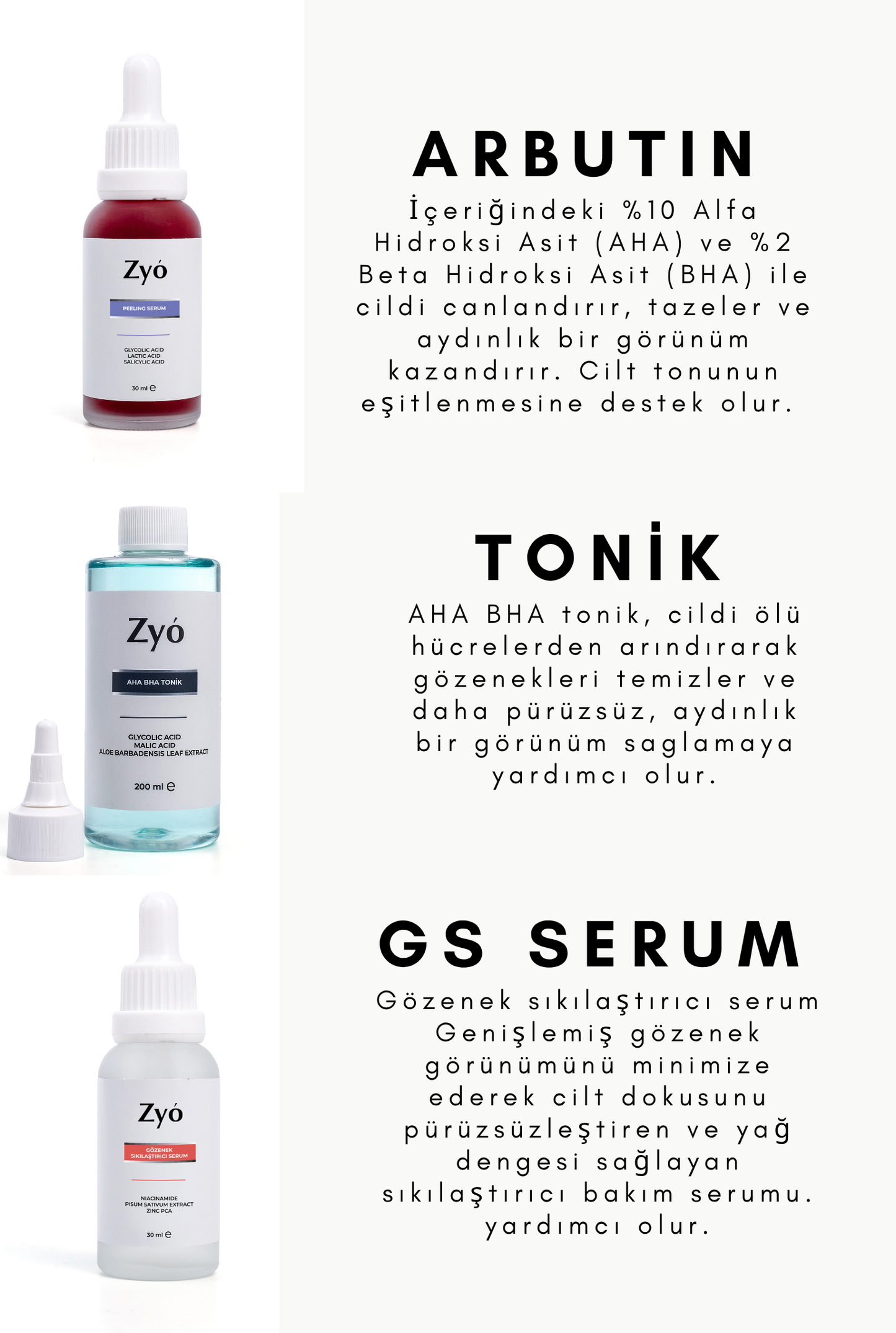Zyo Pürüzsüz Cilt Yenileyici Gözenek Temizleyici Sıkılaştırıcı 3’lü Bakım Seti Peeling , Tonik ve Serum